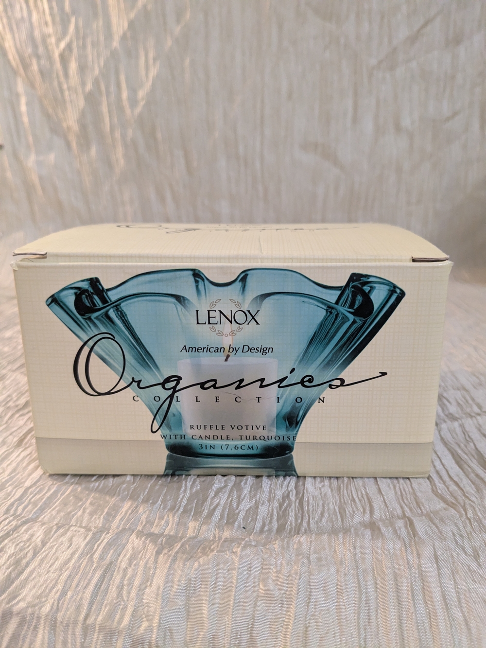 Lenox Organics Collection Ruffle Votive with Candle, Turquoise Hand-blown Glass